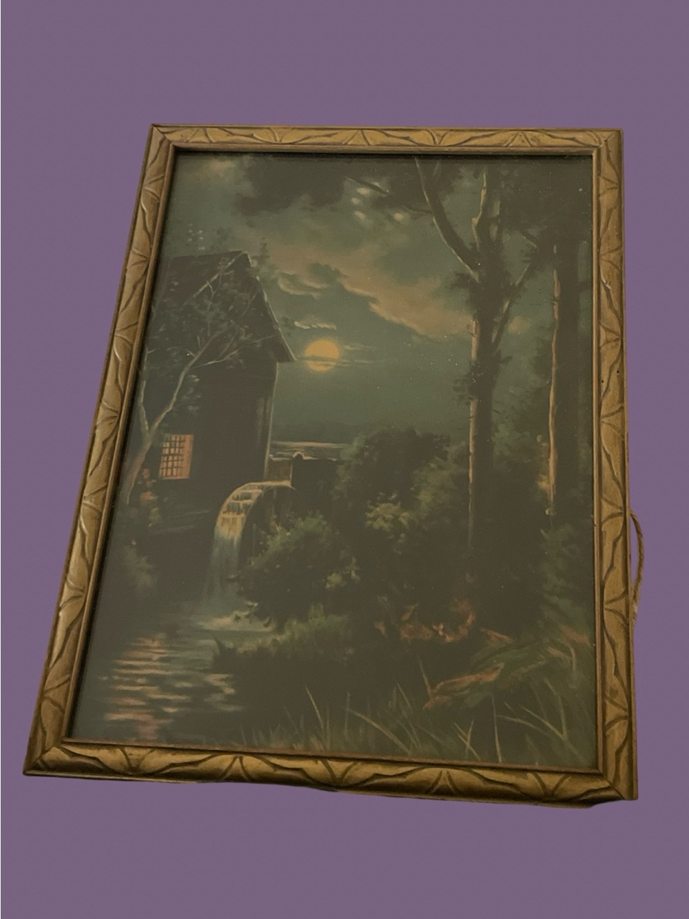 VTG Framed Watermill Landscape Print - Haunted, Moonlight Vibe